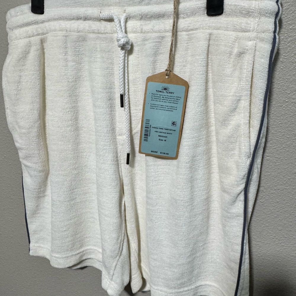 Faherty Cream Towel Terry Flat Front Shorts with Navy Trim